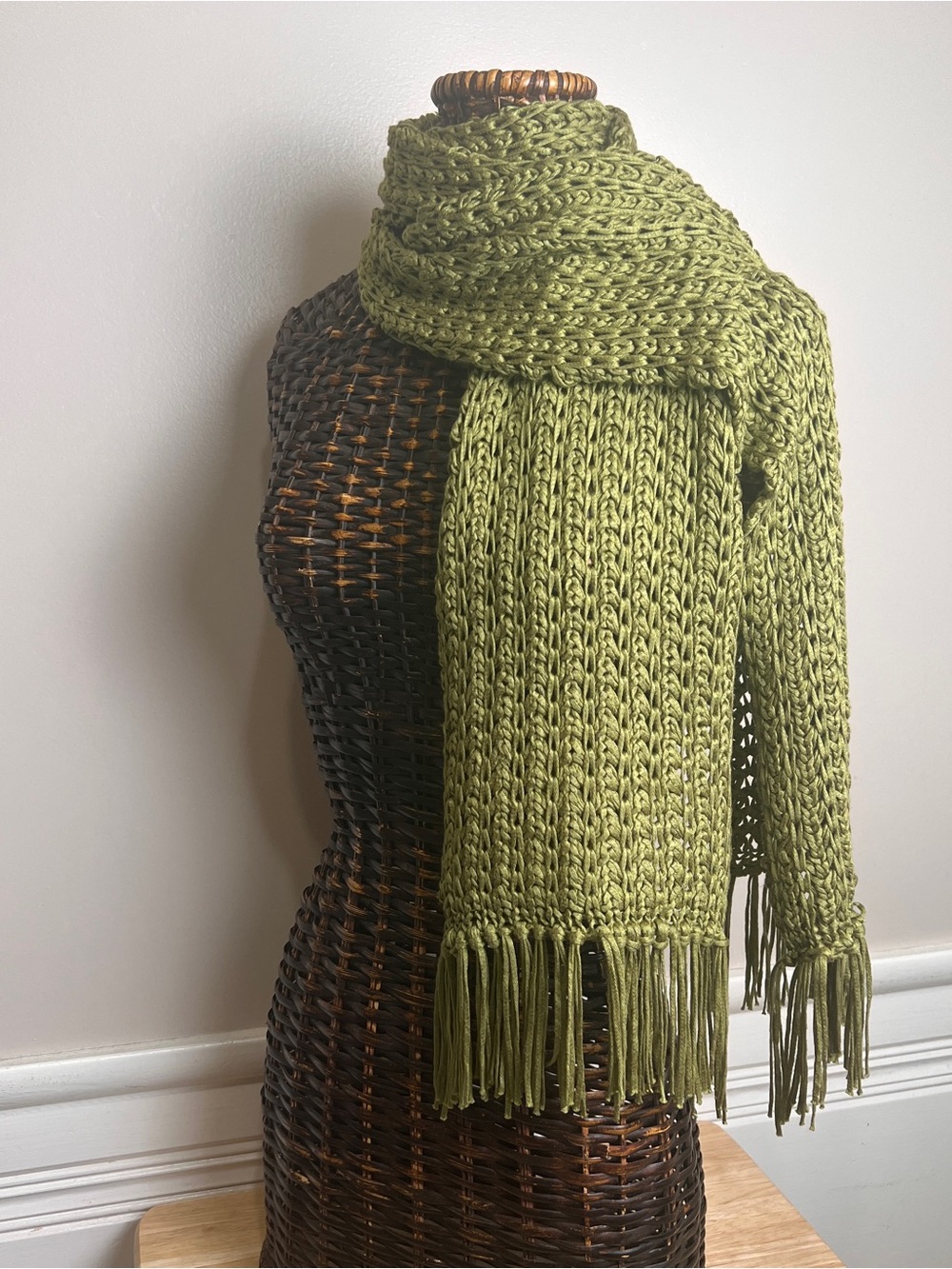 Handmade Knitted Olive Green Scarf With Fringe, 7” Width, 74” Long, GUC